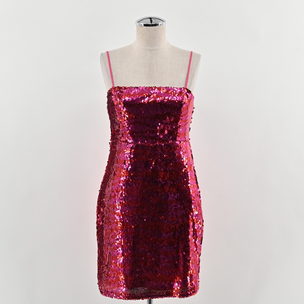 Zara Sequin Mini Dress Womens Sz S Pink Going Out Party Clubwear Spaghetti Strap